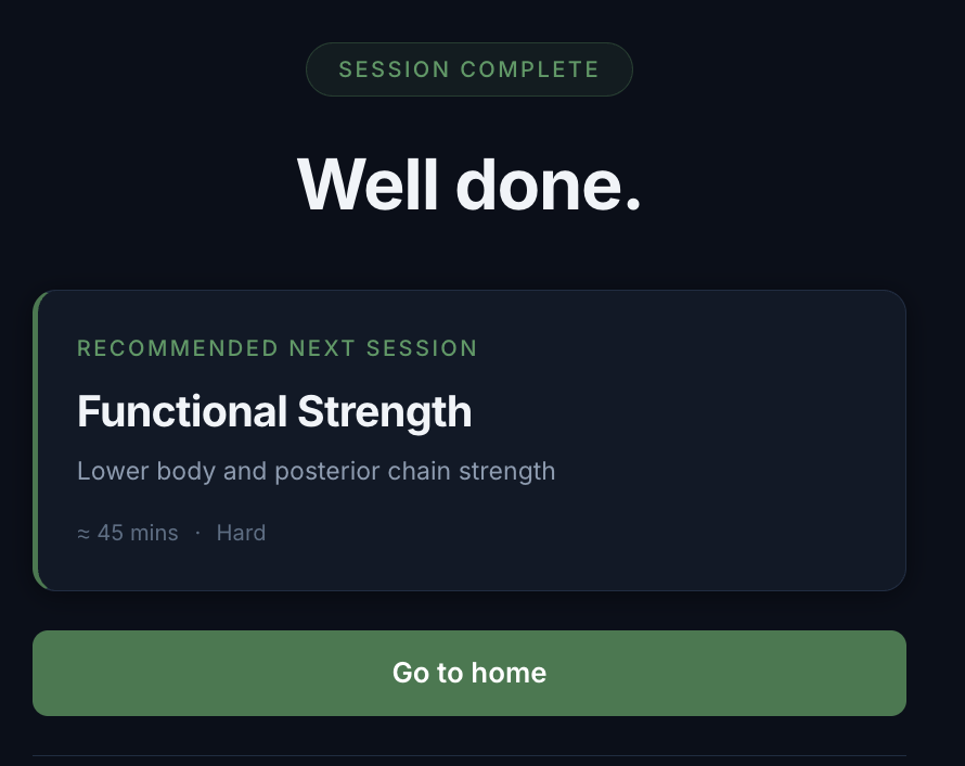 Mission Ready app showing a completed session and next recommended session: Functional Strength, 45 mins, Hard